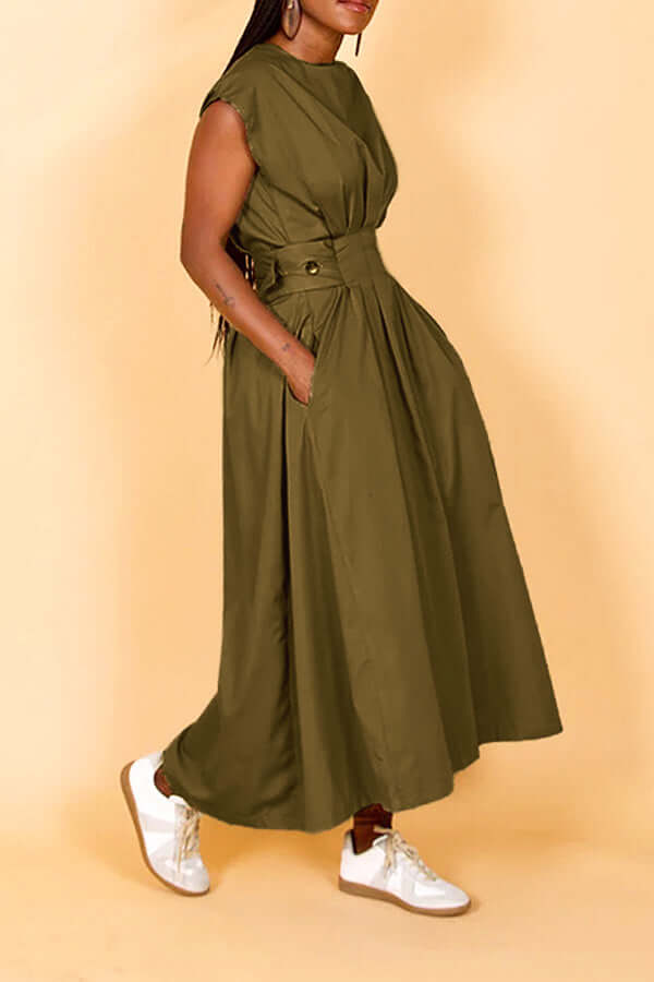 Fashion High Plicated Waist Dress With Porckets-DESTINY