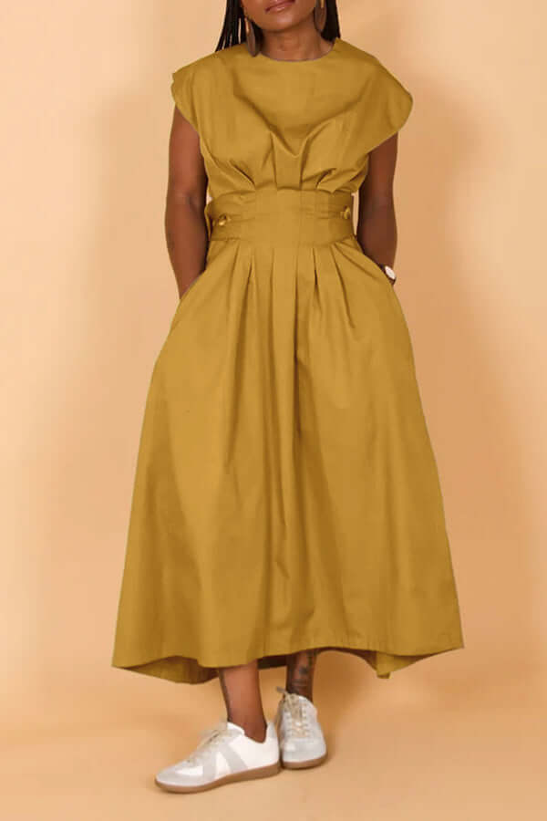 Fashion High Plicated Waist Dress With Porckets-DESTINY