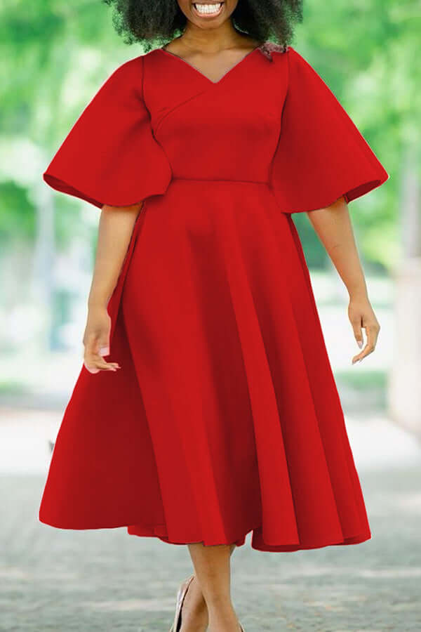 Elegant V-Neck Flutter Sleeve Dress-DESTINY