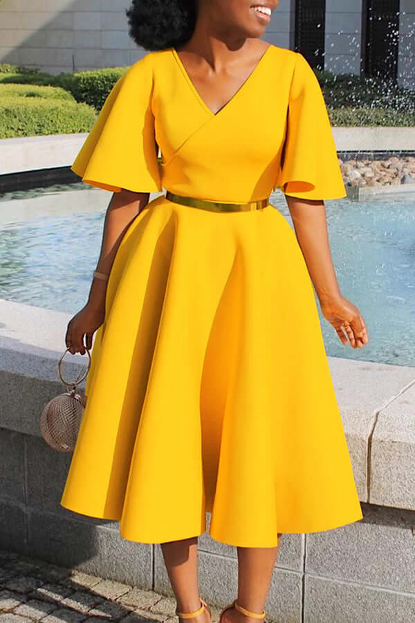 Elegant V-Neck Flutter Sleeve Dress-DESTINY