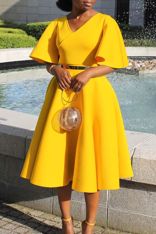 Elegant V-Neck Flutter Sleeve Dress-DESTINY