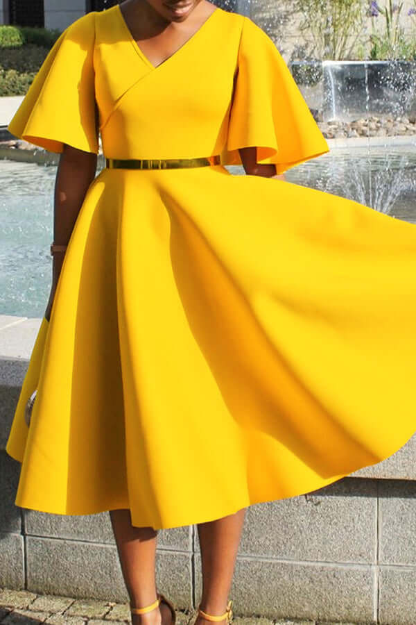 Elegant V-Neck Flutter Sleeve Dress-DESTINY