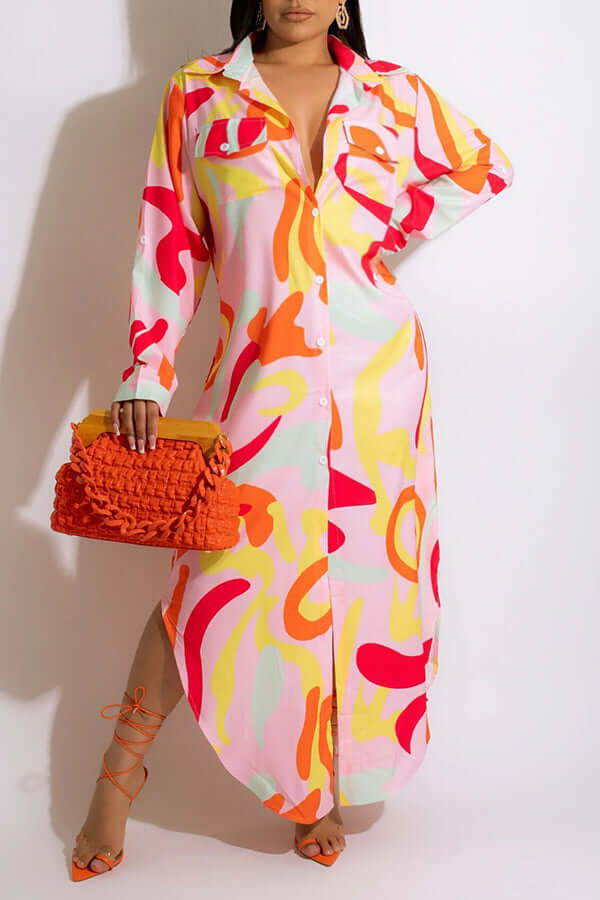 Allover Print Stylish Lapel Shirtdress-DESTINY