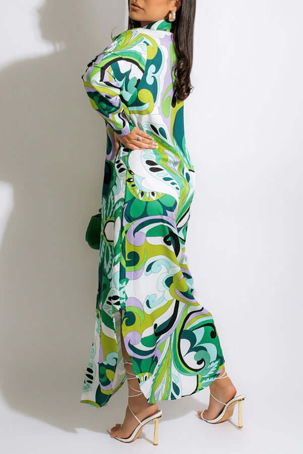 Allover Print Stylish Lapel Shirtdress-DESTINY