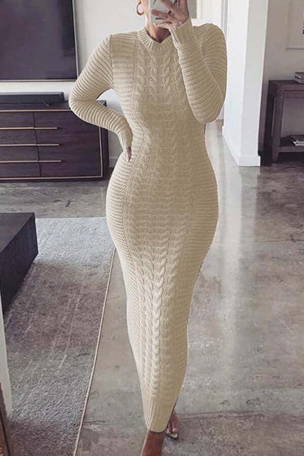 Classic Slim Cable Knit Maxi Dress-DESTINY