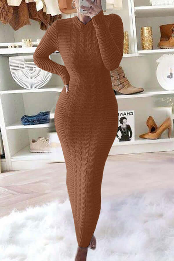 Classic Slim Cable Knit Maxi Dress-DESTINY