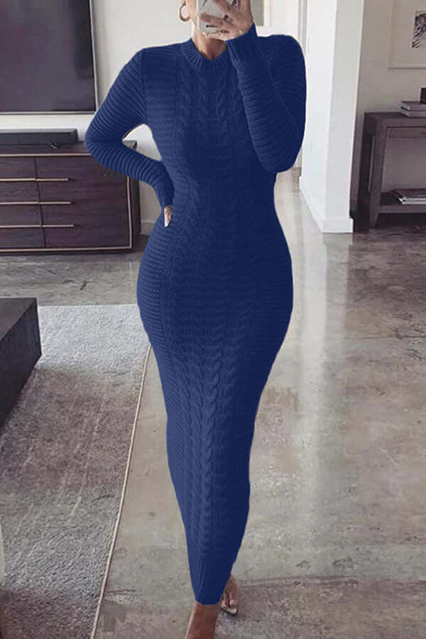 Classic Slim Cable Knit Maxi Dress-DESTINY