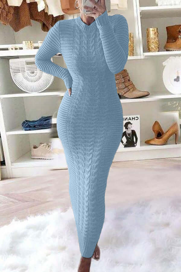 Classic Slim Cable Knit Maxi Dress-DESTINY