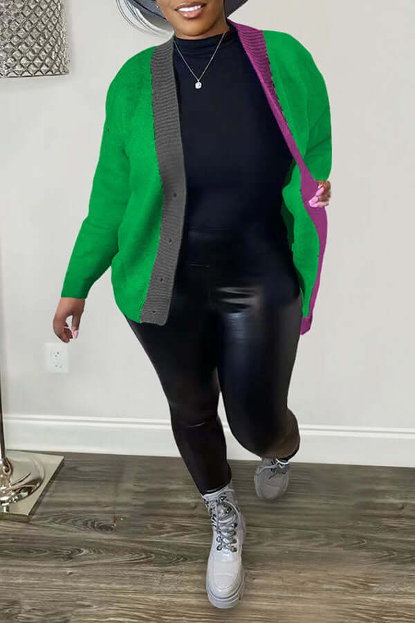 Color Block Button Front Cardigan-DESTINY