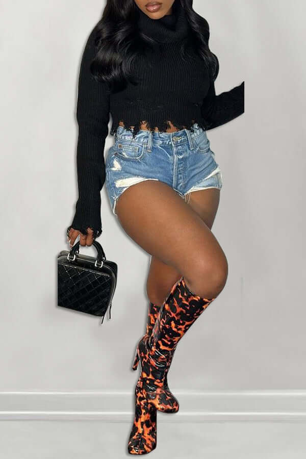 High Neck Knitted Irregular Fringed Sweater-DESTINY