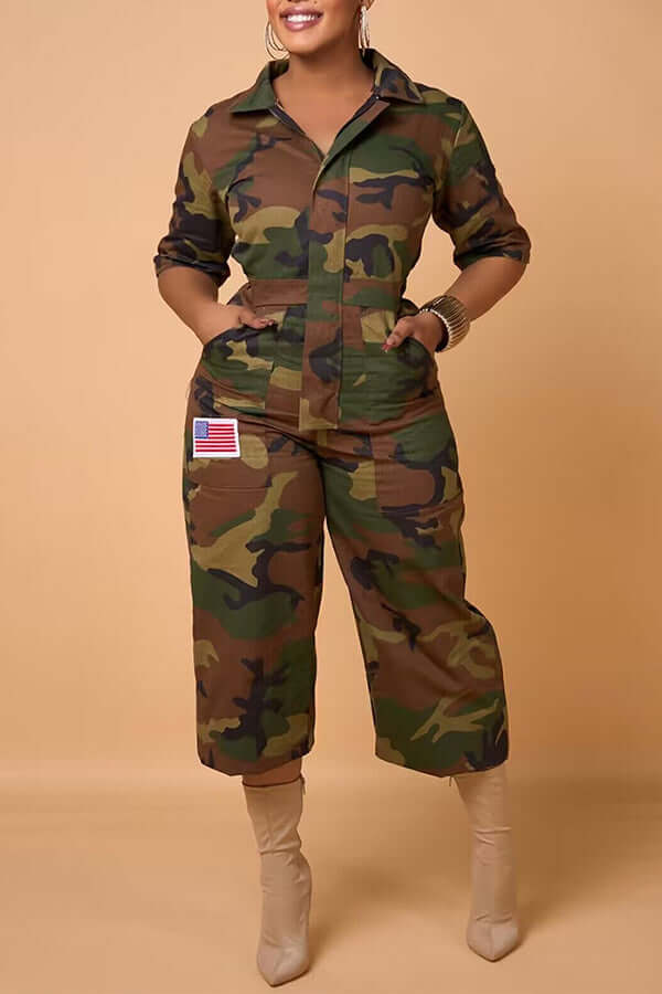 Casual Camo Print Slant Pocket Jumpsuit-DESTINY