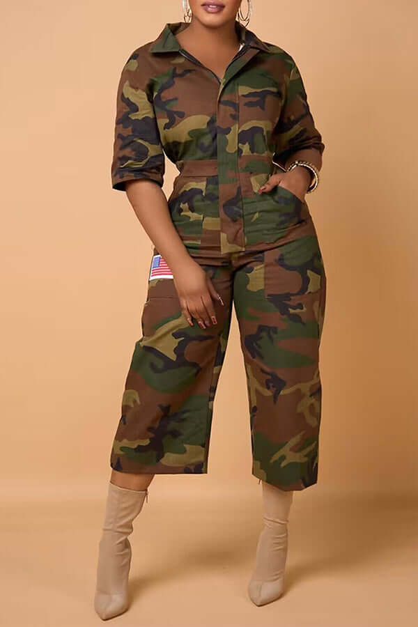 Casual Camo Print Slant Pocket Jumpsuit-DESTINY