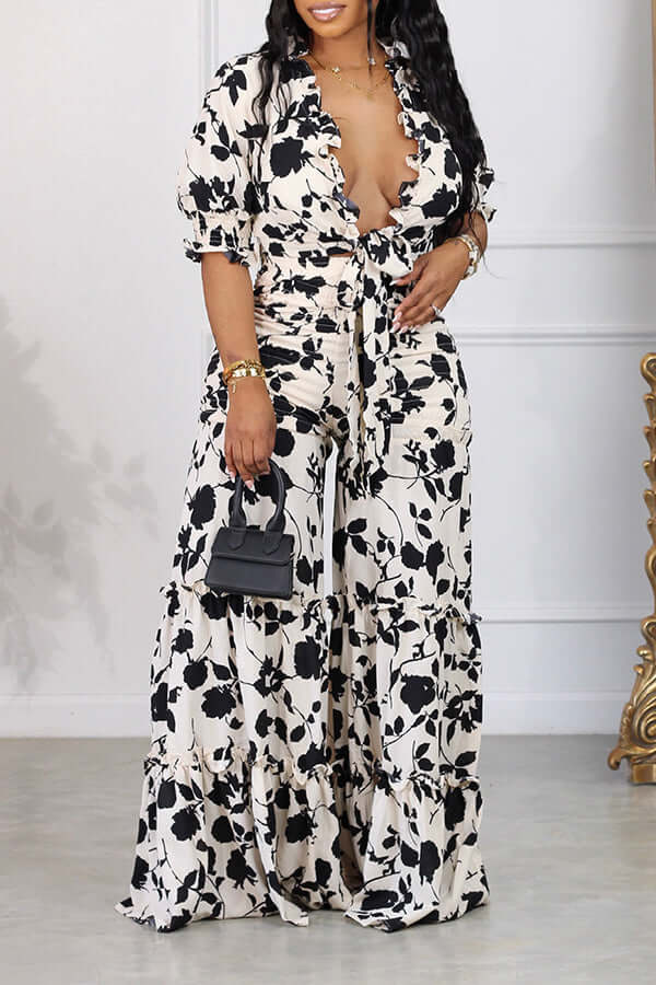 Leaf Print Ruffle High Waist Pants Set-DESTINY