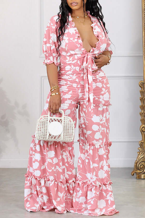 Leaf Print Ruffle High Waist Pants Set-DESTINY