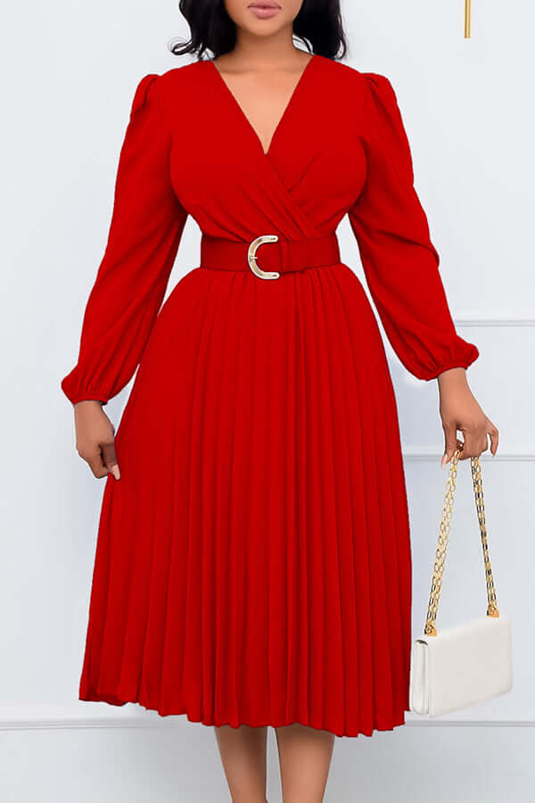 Chic Lantern Sleeve Pleated Wrap Dress-DESTINY