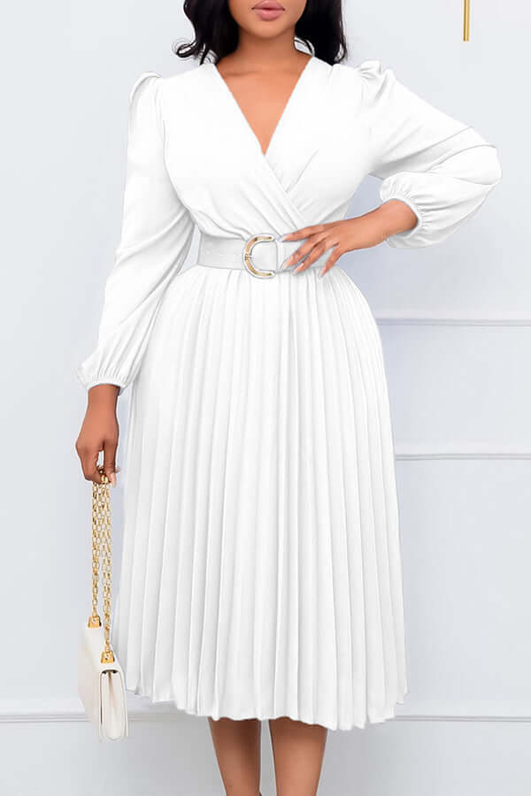 Chic Lantern Sleeve Pleated Wrap Dress-DESTINY