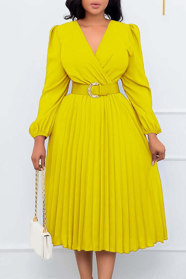 Chic Lantern Sleeve Pleated Wrap Dress-DESTINY