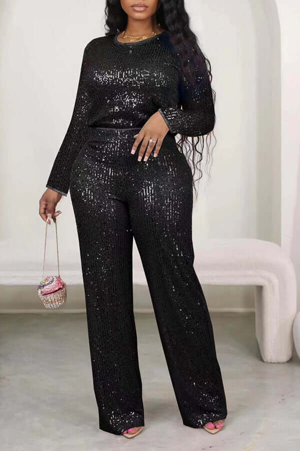 Glittery Round Neck Sequin Top & Pants Set-DESTINY