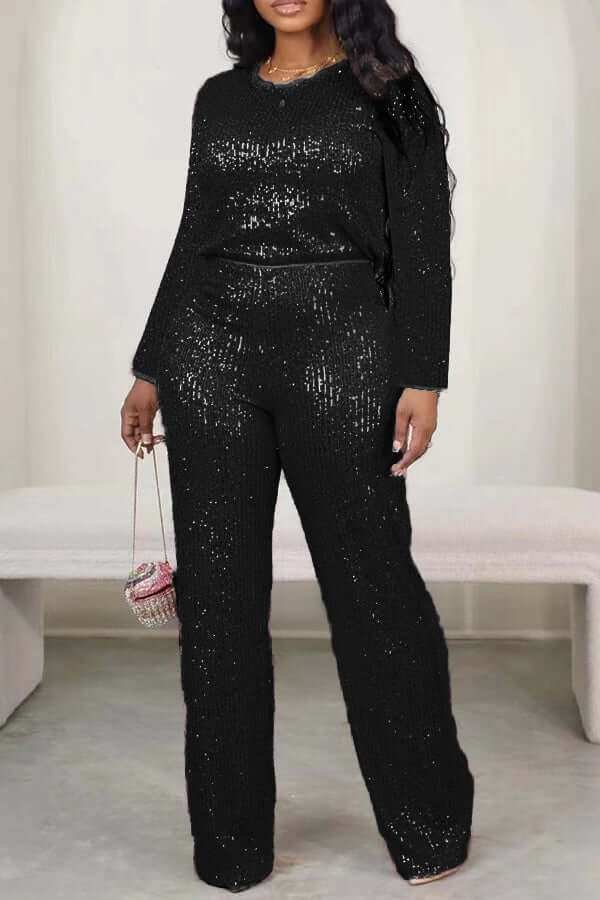 Glittery Round Neck Sequin Top & Pants Set-DESTINY