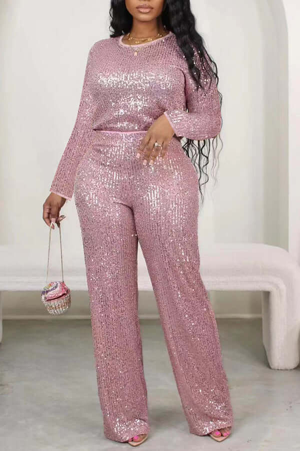 Glittery Round Neck Sequin Top & Pants Set-DESTINY