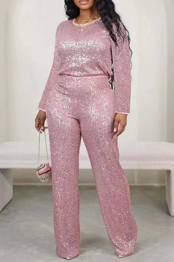Glittery Round Neck Sequin Top & Pants Set-DESTINY
