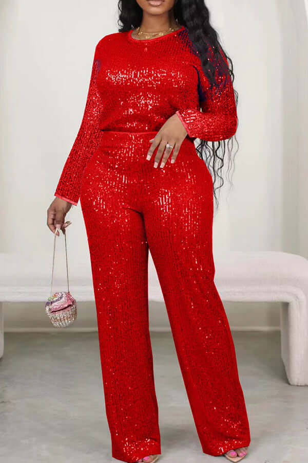 Glittery Round Neck Sequin Top & Pants Set-DESTINY