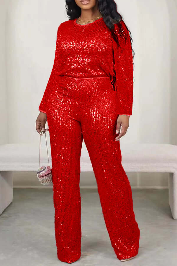 Glittery Round Neck Sequin Top & Pants Set-DESTINY