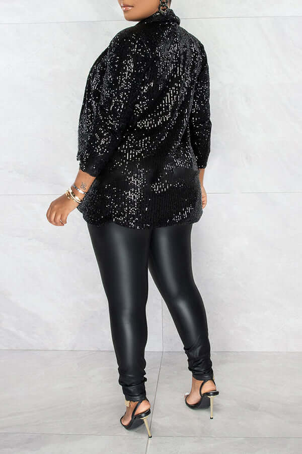 Sequin Ruched Sleeve Shawl Collar Blazer-DESTINY