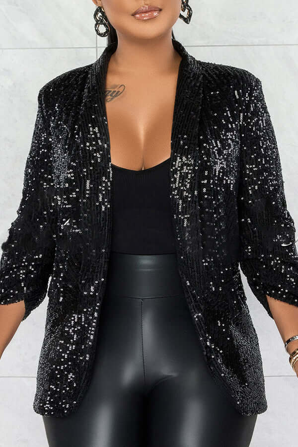 Sequin Ruched Sleeve Shawl Collar Blazer-DESTINY