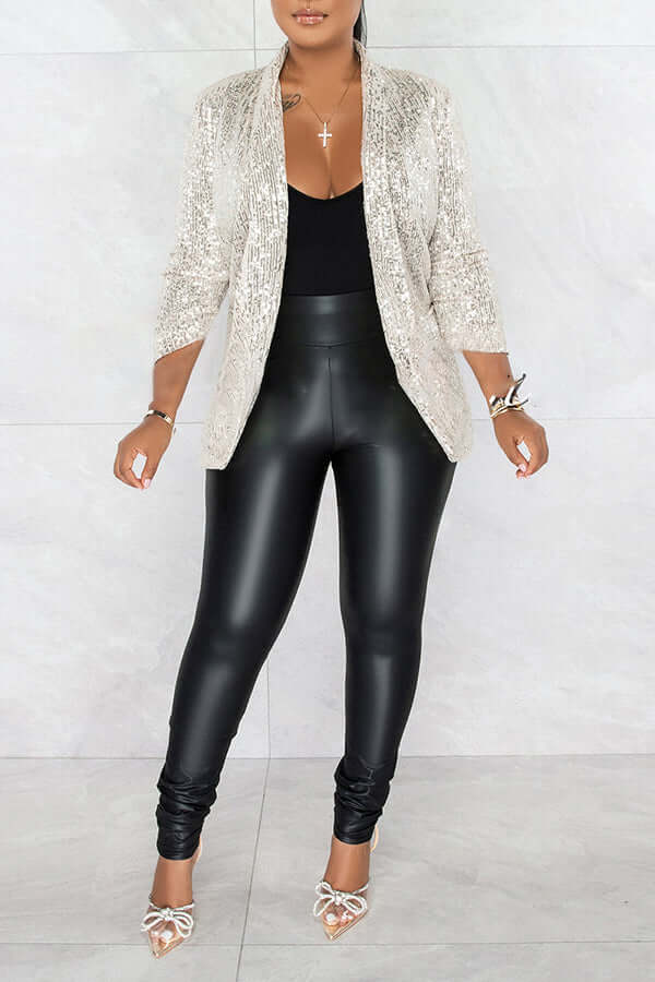 Sequin Ruched Sleeve Shawl Collar Blazer-DESTINY
