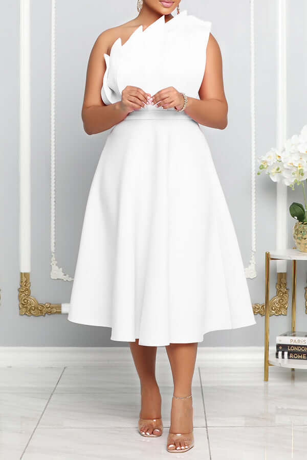 Blooming Romantic One Shoulder Flare Dress-DESTINY