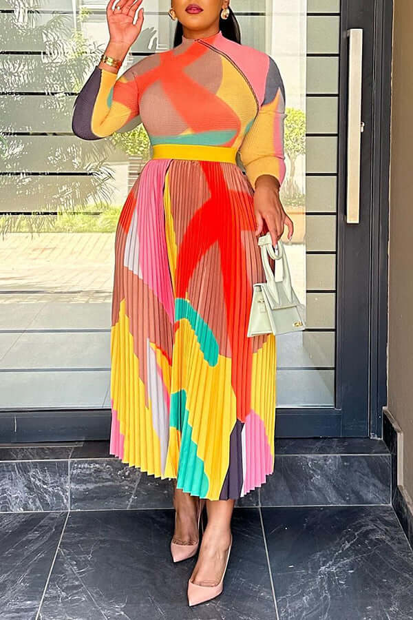 Gorgeous Abstract Printed Pleated Dress-DESTINY