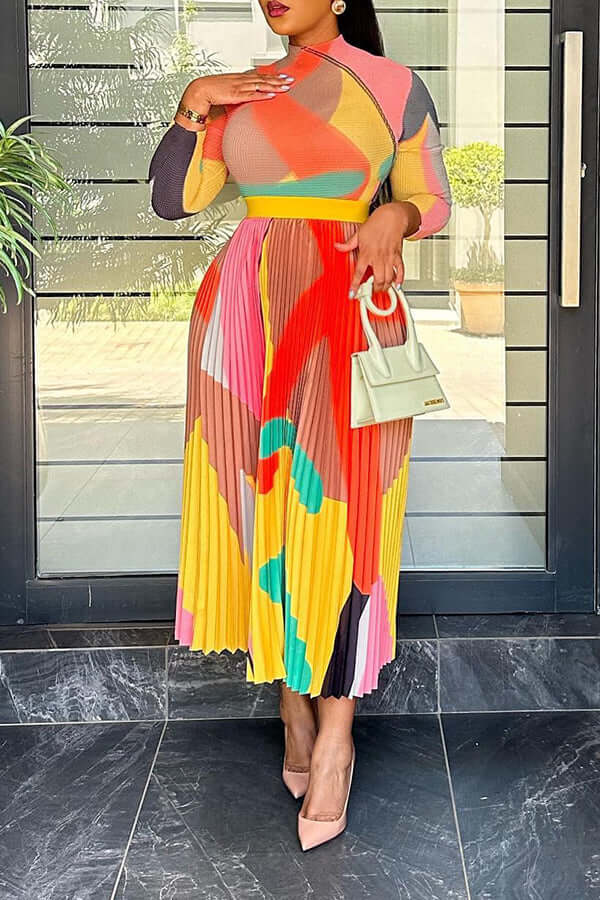 Gorgeous Abstract Printed Pleated Dress-DESTINY