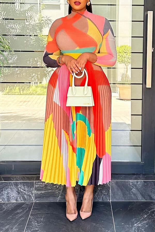 Gorgeous Abstract Printed Pleated Dress-DESTINY