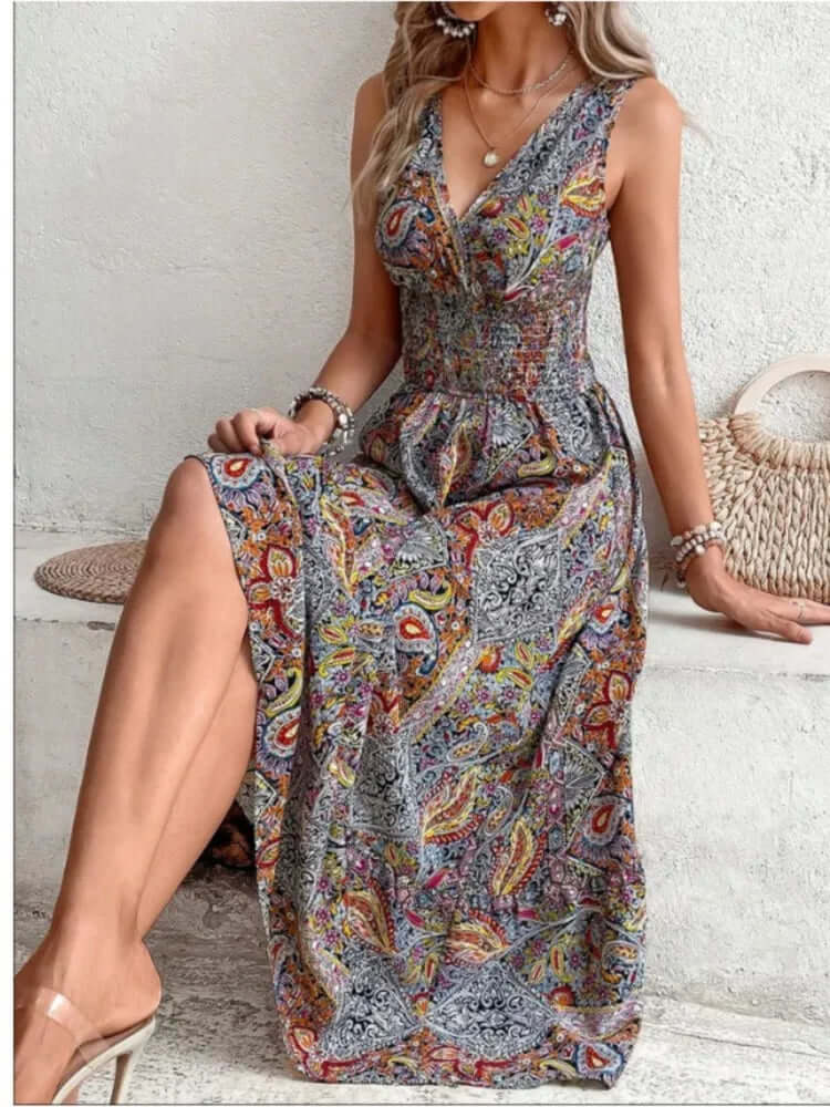 Philomena - High-waisted sleeveless bohemian dress-DESTINY