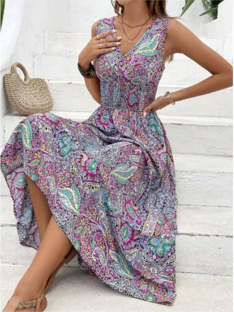Philomena - High-waisted sleeveless bohemian dress-DESTINY