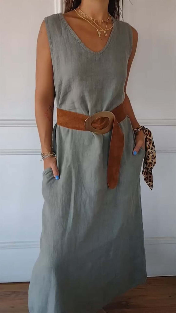 V-neck Belted Waist Dress-DESTINY