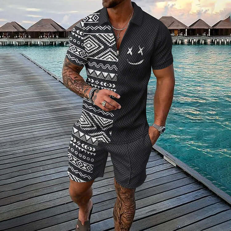 Monochrome Geometric Smile Face Print Short Sleeve Polo Shirt And Shorts Co-Ord-DESTINY