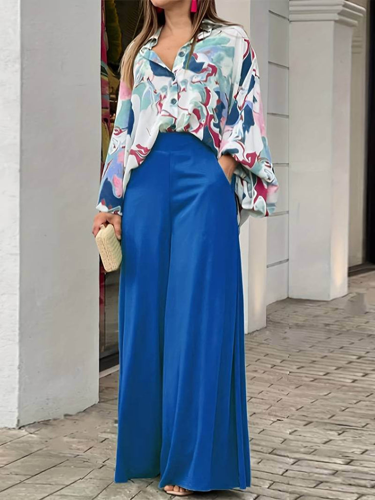 Stylish printed blouse and wide-leg trousers two-piece set for women-DESTINY