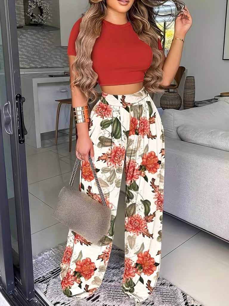 Amelia – summer set consisting of a cropped t-shirt and floral wide-leg trousers-DESTINY