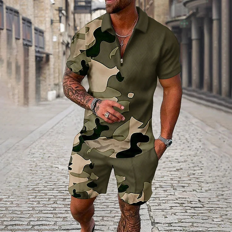 Men's Camouflage Irregular Pattern Short Sleeve Polo Shirt And Shorts Co-Ord