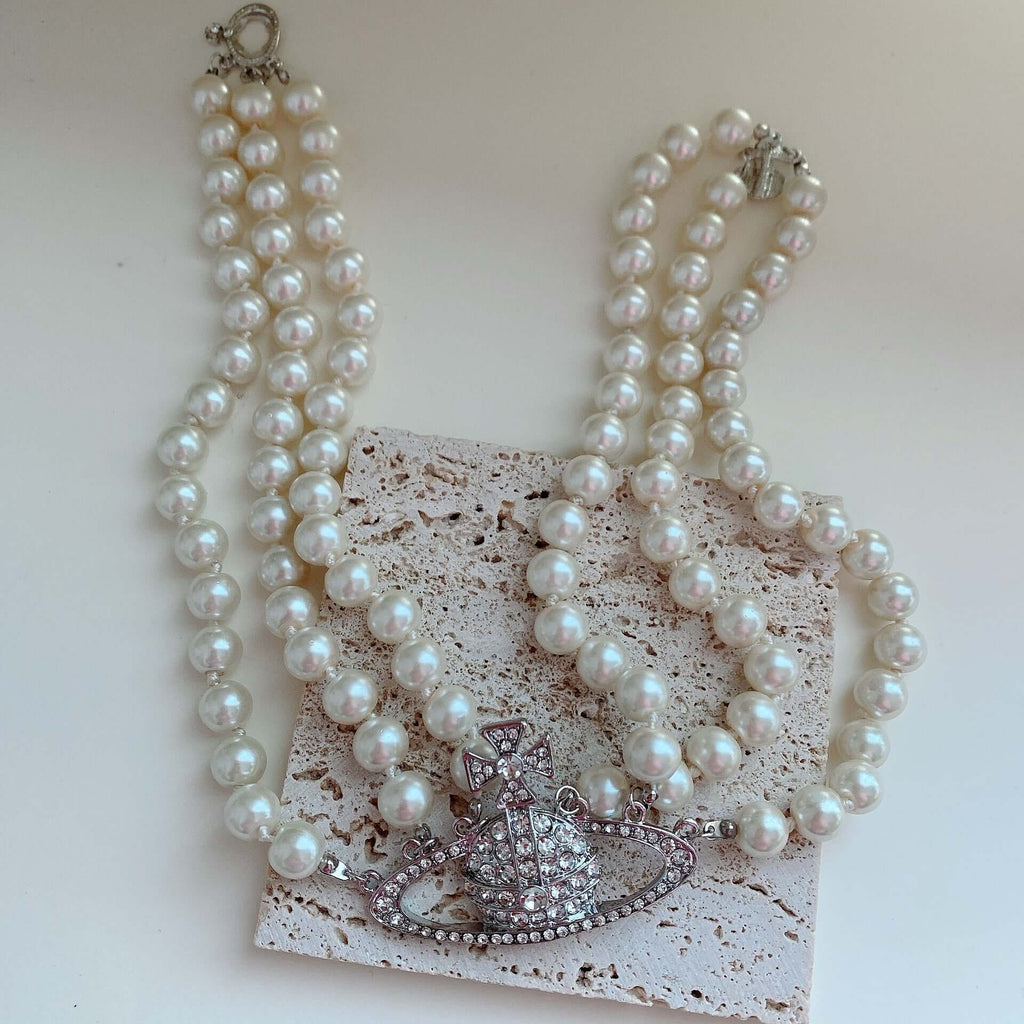 Triple Pearly Diamond-studded Retro Planet Necklace-DESTINY