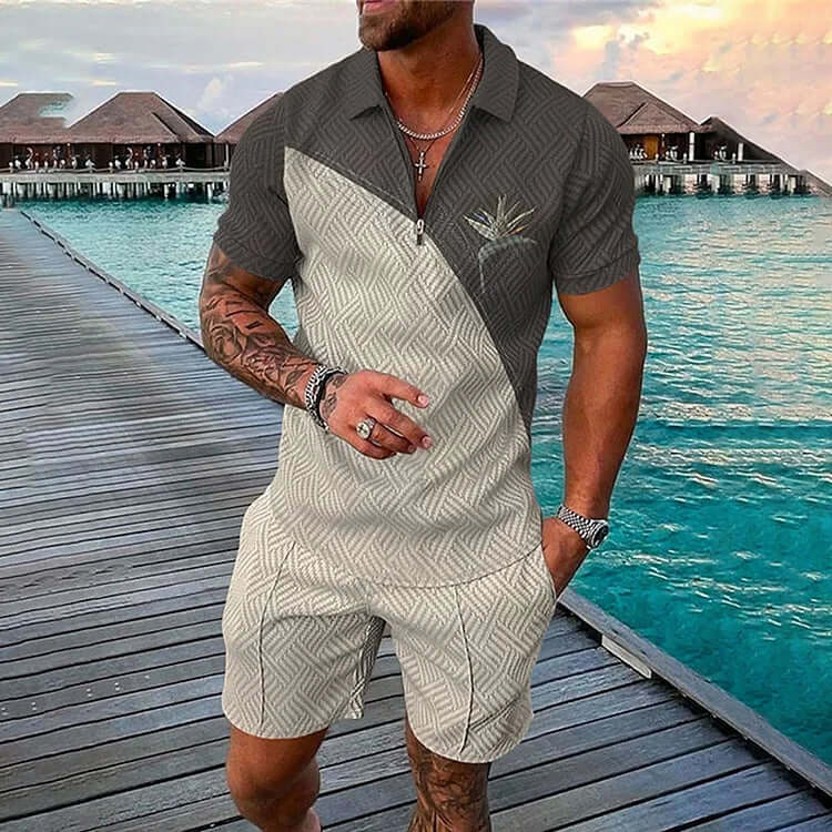Grey Contrast Color Short Sleeve Polo Shirt And Shorts Co-Ord-DESTINY