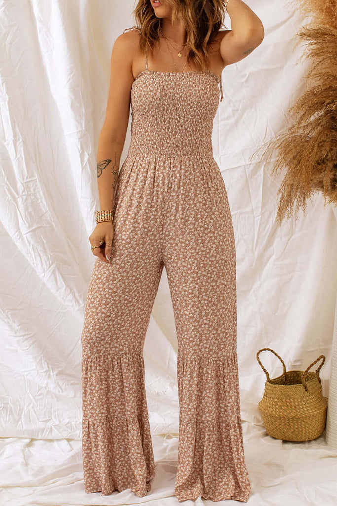 Floral spaghetti strap smocking jumpsuit with wide leg-DESTINY