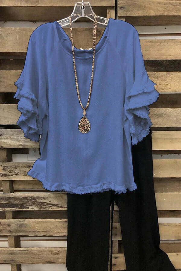 Ruffled Cotton Blouse With Round Neckline-DESTINY