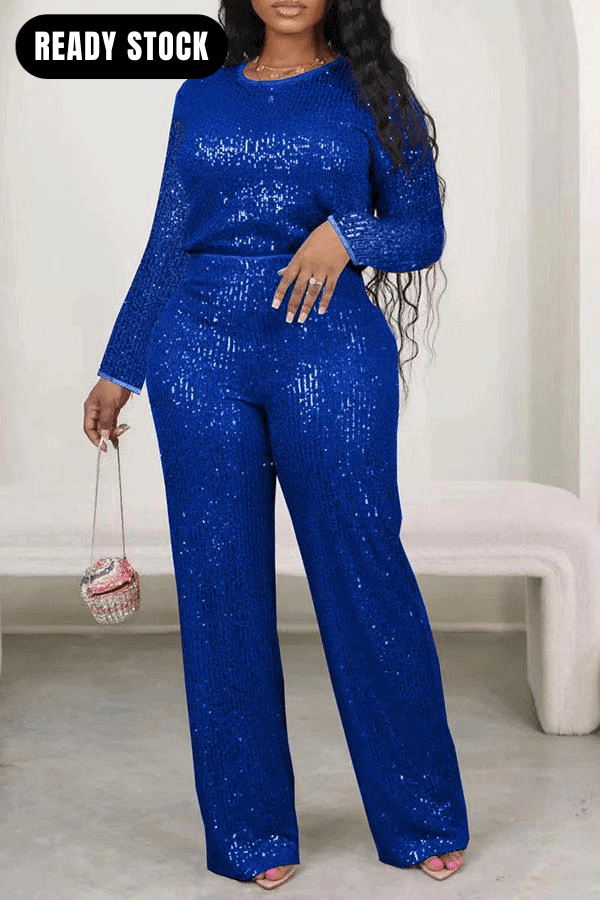 Glittery Round Neck Sequin Top & Pants Set-DESTINY