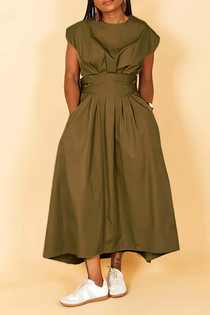 Fashion High Plicated Waist Dress With Porckets-DESTINY