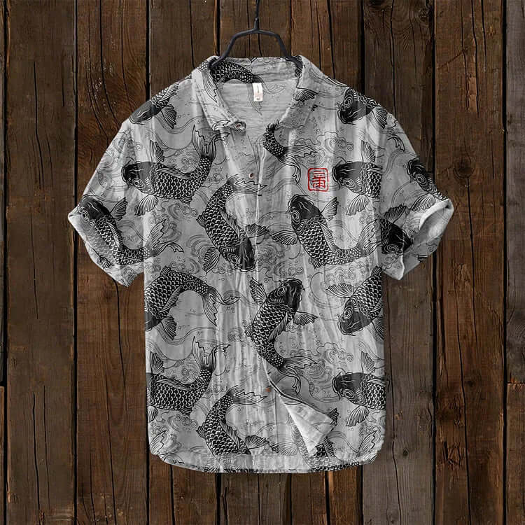 Osamu - vintage fish Japanese art linen blend shirt-DESTINY