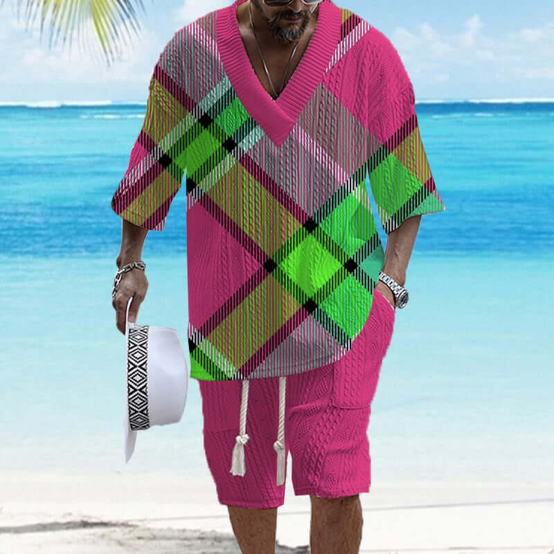 Men's Printed Short Sleeve Shorts Textured Set 02900264YY-DESTINY