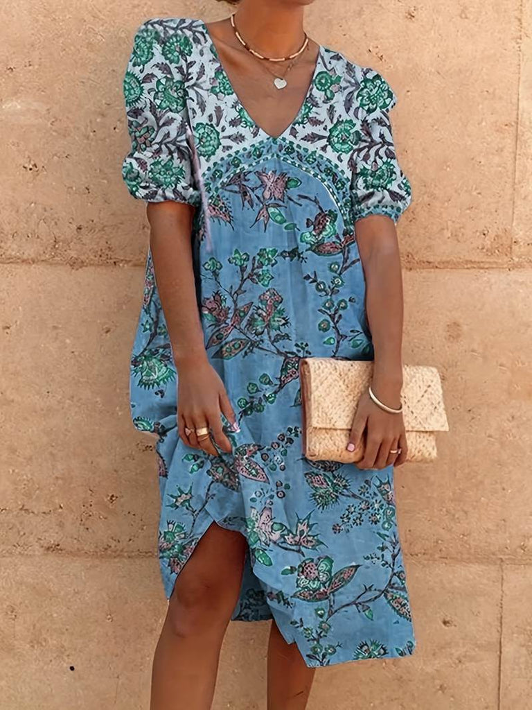 Abida - Puff sleeve multicoloured V-neck dress-DESTINY